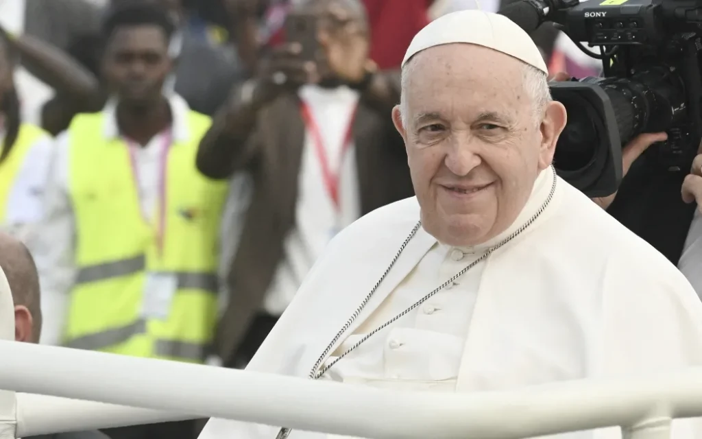 Pope Francis arrives by popemobile for the holy mass at the John Garang Mausoleum in Juba, South Sudan, on 5 February.