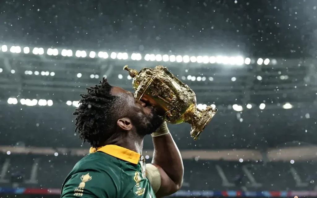 South Africa's flanker and captain Siya Kolisi celebrates winning the France 2023 Rugby World Cup final match against New Zealand in October 2023.