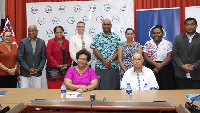 Members of FNU's Senior Leadership Team and Ministry of Home Affairs and Immigration with Vice-Chancellor, Professor Unaisi Nabobo-Baba and PS Mason Smith at the MOU signing